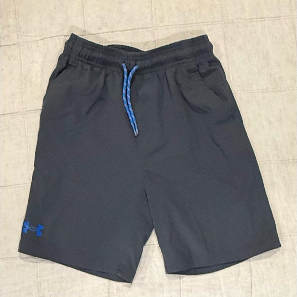 Boys Under Armour Gray Shorts with Blue Logo